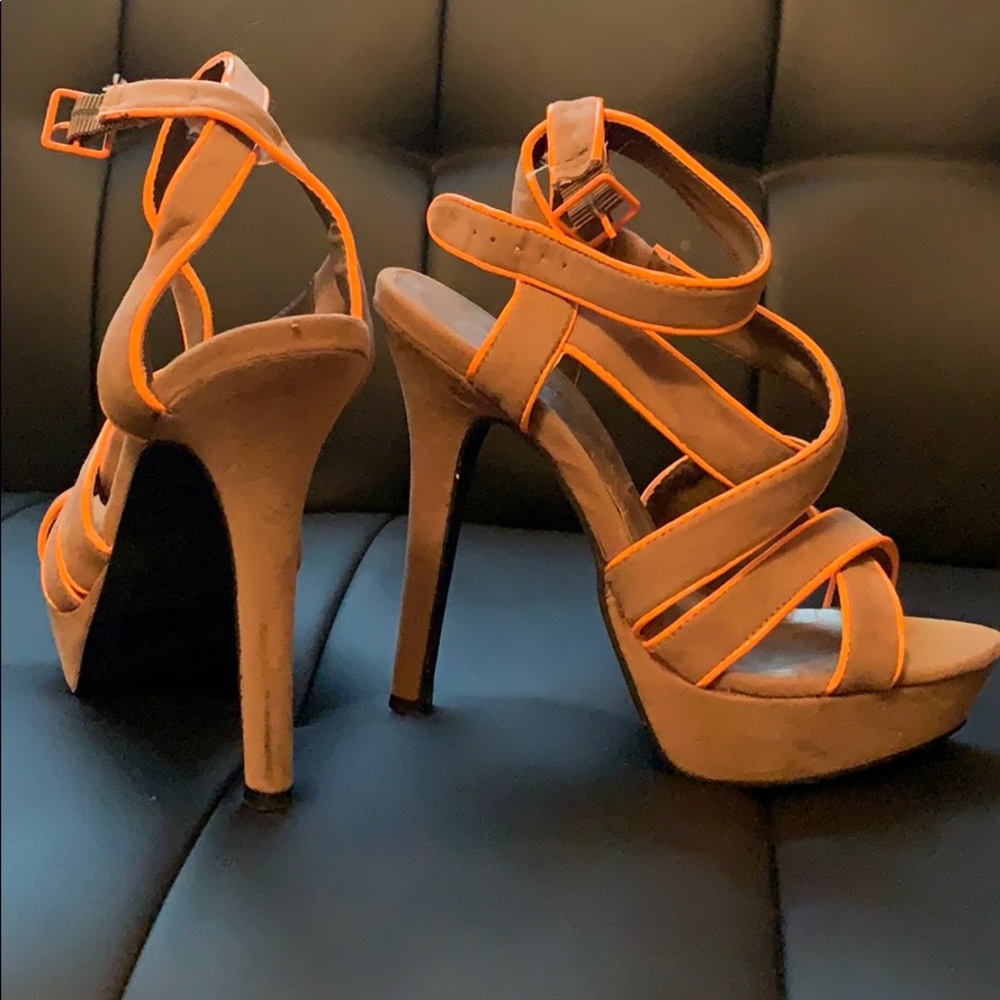 Neon orange & tan platform heels